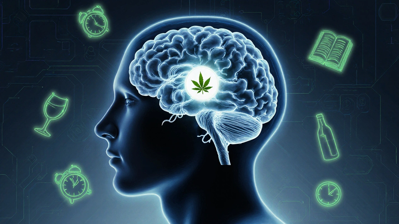 Přehled lidského mozku s poškozenými nervovými spojeními pod vlivem THC.