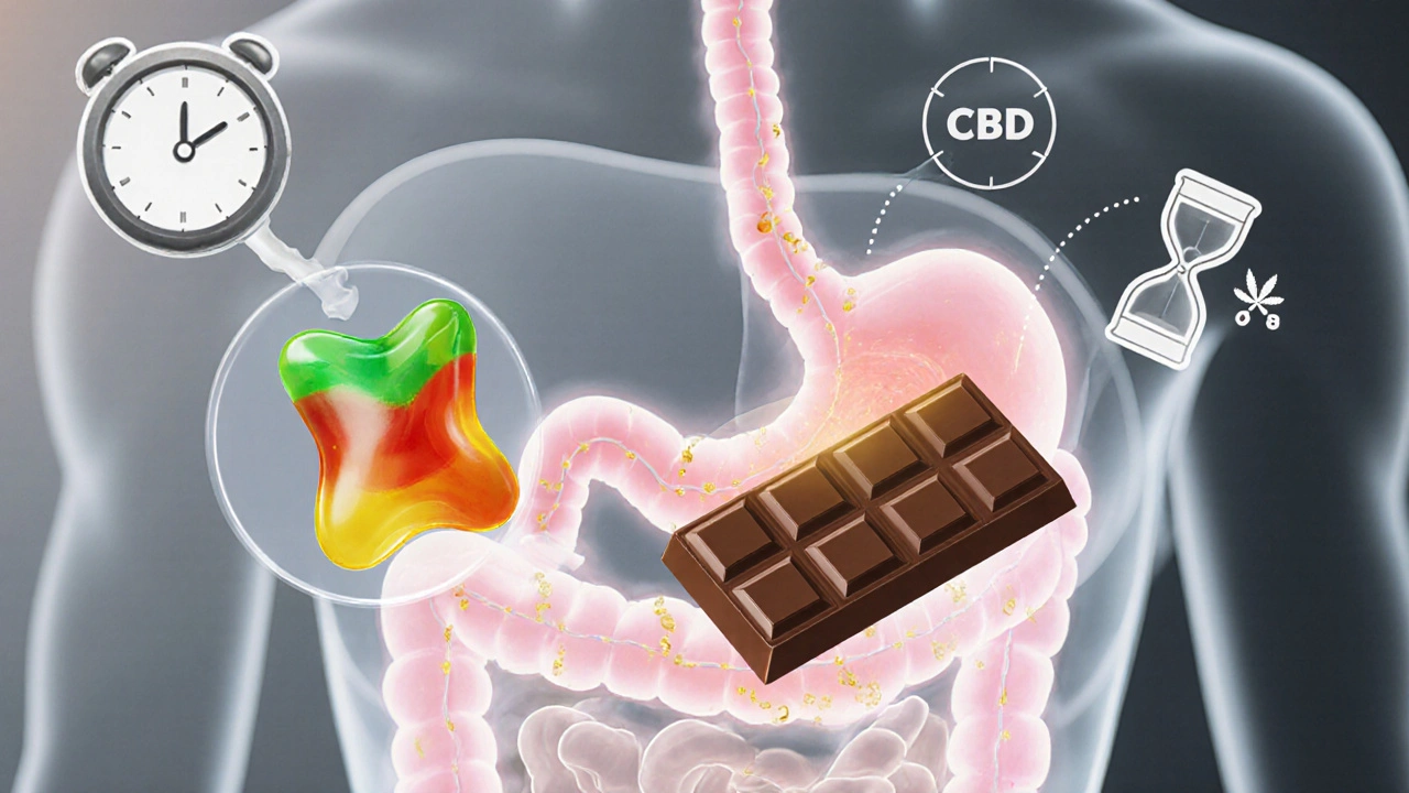 Průhledný náčrt trávicího traktu s cestou CBD z žaludku do jater.