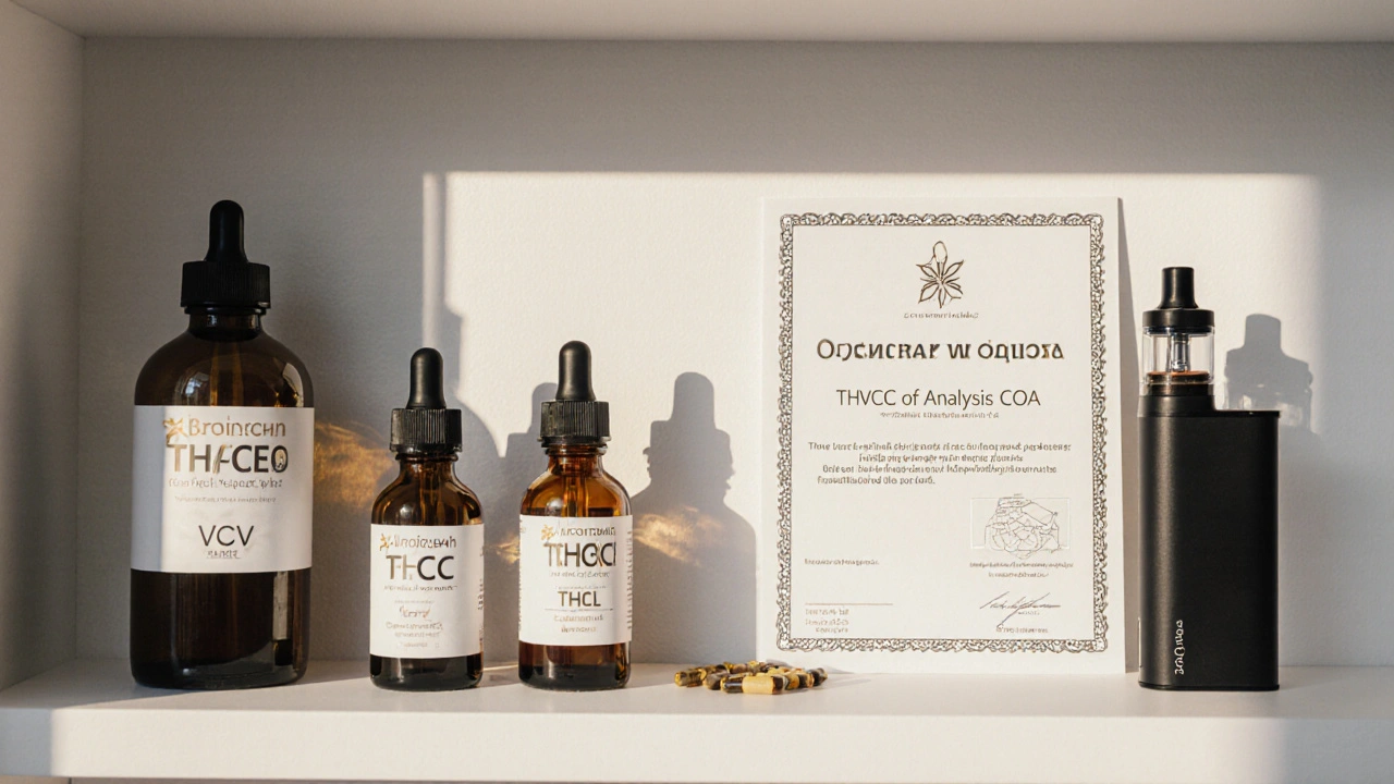 Regál s THCV produkty a certifikátem analýzy v českém obchodě.