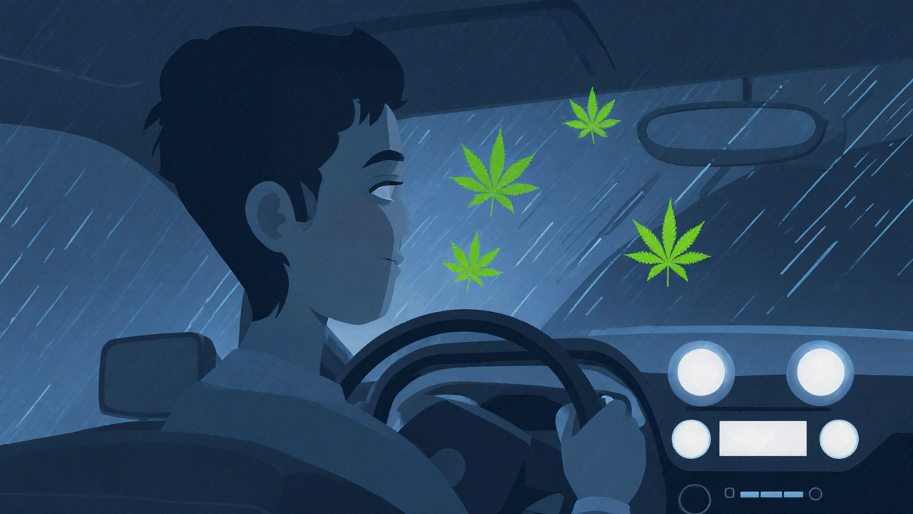 Řidič v autě v noci s přítomností CBD molekul, znázorňující ospalost.
