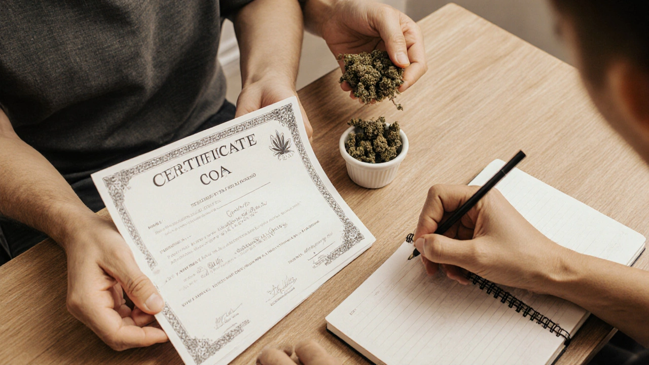 Ruce drží certifikát, květy a poznámkový blok — důvěra a pravidelnost.