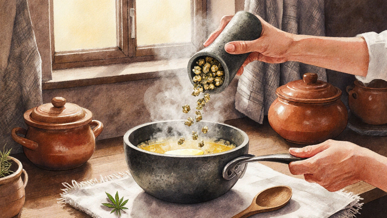 Ruka mleje popcorn konopí do másla v kuchyni s keramickými nádobami.