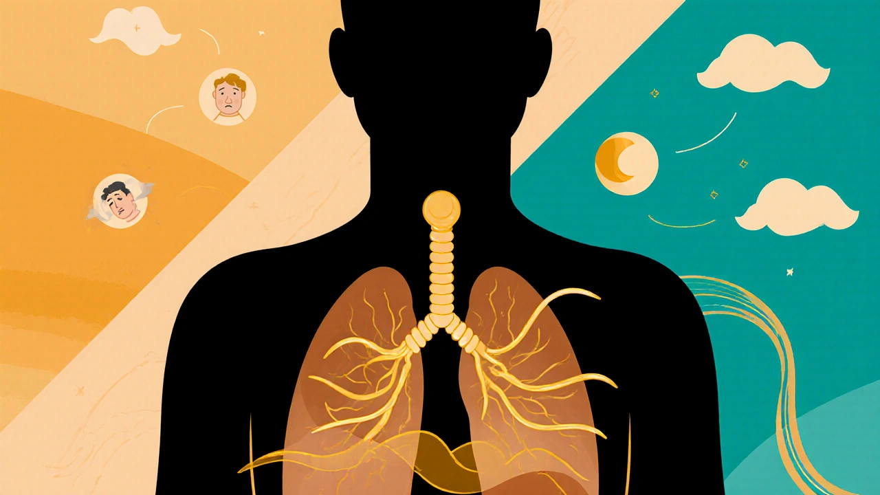 Silueta těla s goldovými vlnami symbolizujícími CBD vstřebávání a uvolnění stresu.