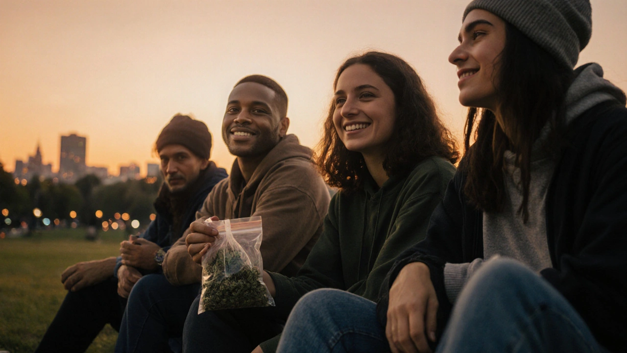Skupina lidí v parku v soumraku, klidně si odpočívá, jedna drží malý pytlík s HHC květy.