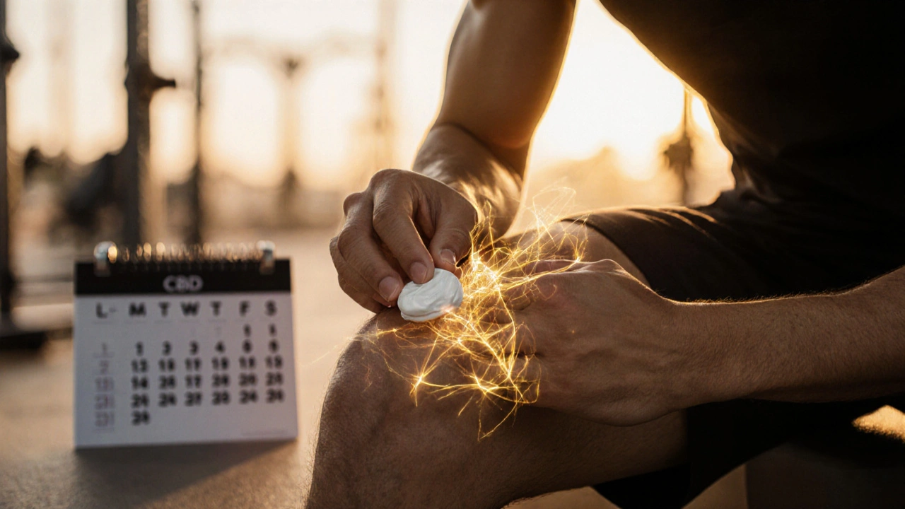 Sportovec aplikuje CBD krém na koleno po tréninku.