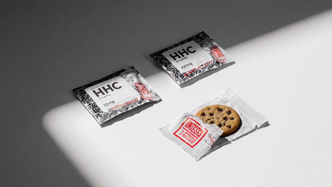 Tři balení HHC koláčků s různými štítky: legální, neotestované a s podvodným popisem &#039;indica-like&#039;.