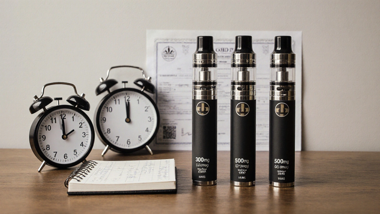 Tři CBD kartridže na stole s poznámkami a certifikátem analýzy, symbolizující pravidelné užívání.