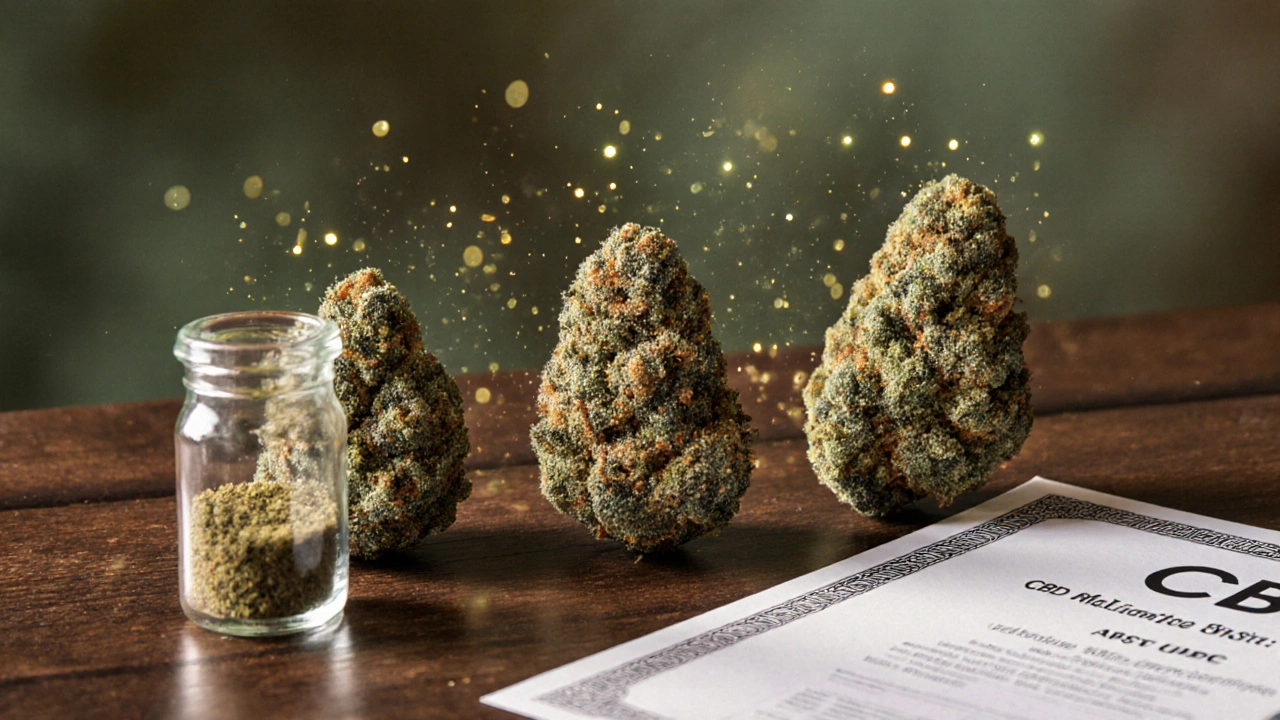 Tři druhy CBD konopí s terpeny a křehkým koncentrátem na dřevěném stole.