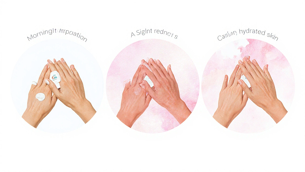 Tři fáze aplikace CBD krému v jedné kruhové kompozici: ráno, odpoledne, večer.