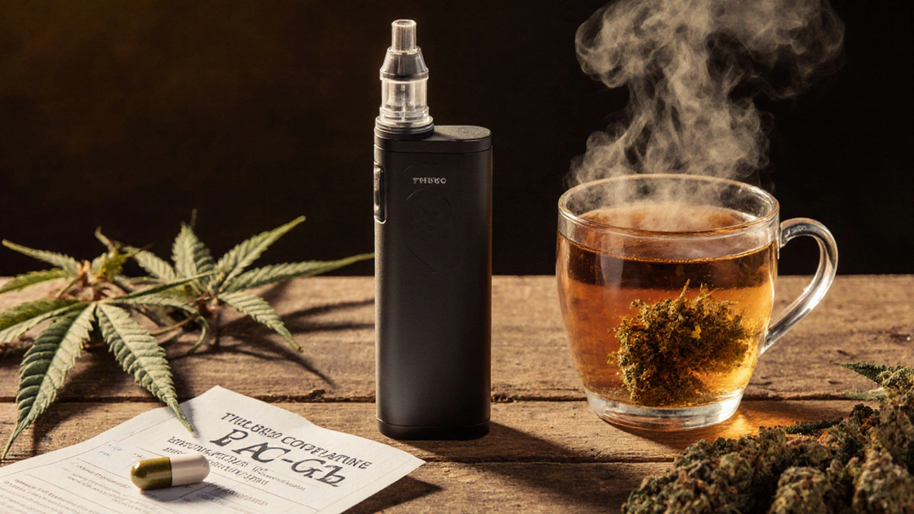 Tři formy THCV: kapsle, čaj a výpar, s listy konopí a laboratorním výsledkem.