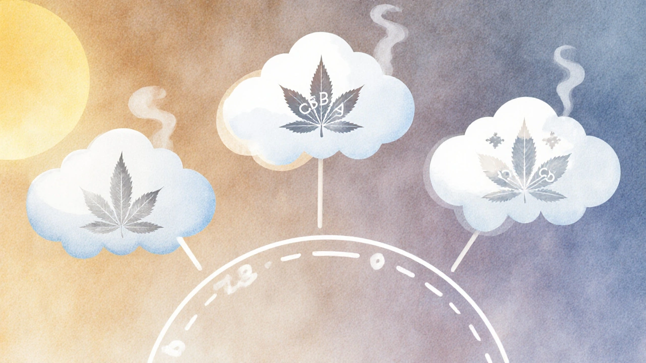 Tři parní obláčky symbolizující denní užívání CBD v různých časech dne.