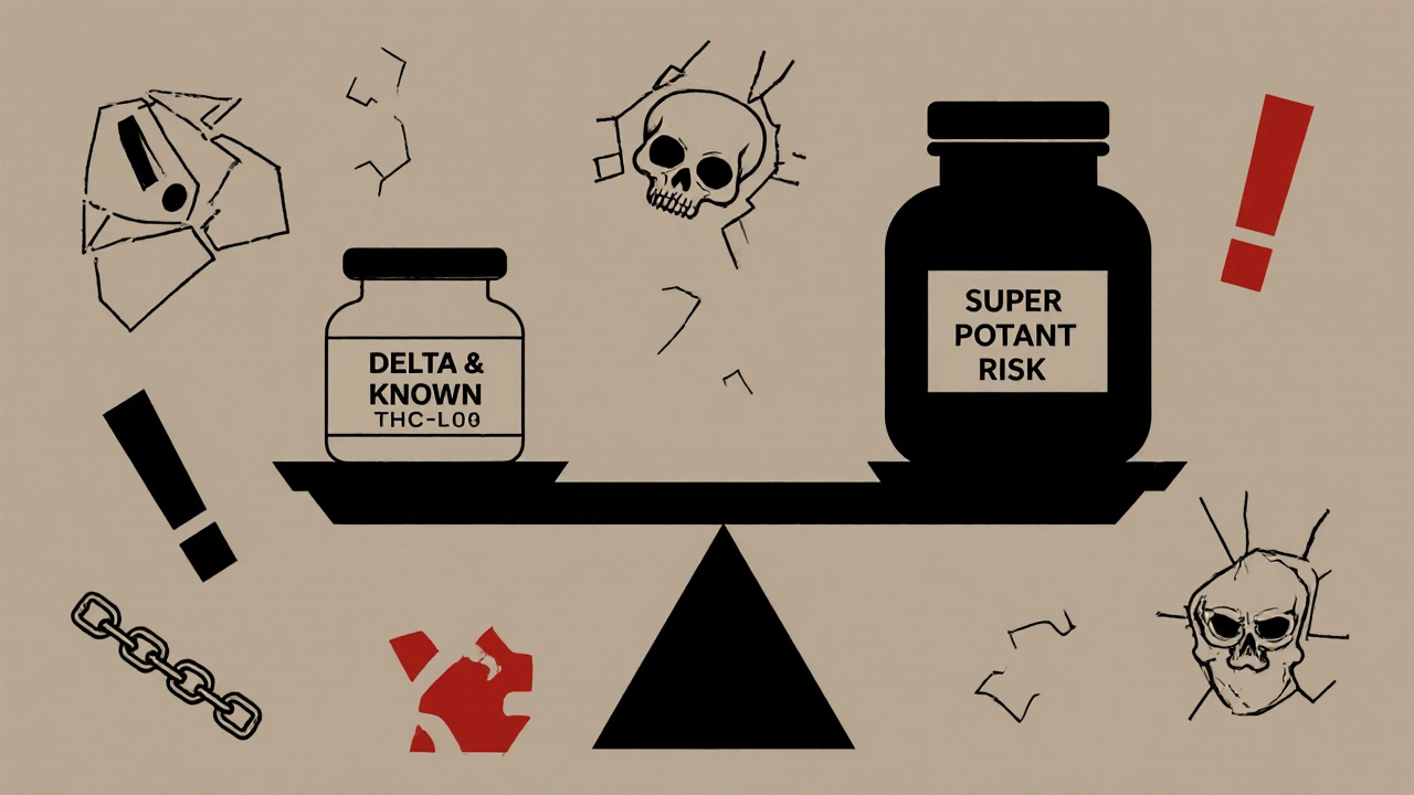 Váha s Delta 9-THC na jedné straně a THCP na druhé, symbolizující riziko vs. bezpečnost.