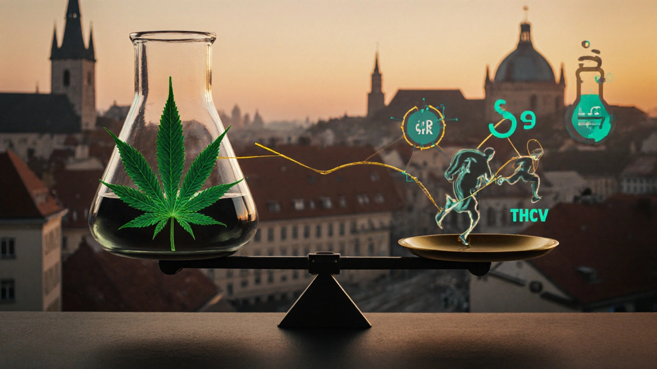 Váha s listem konopí a molekulou glukózy, spojená zlatým vláknem, pozadí s laboratorním nádobím a běžcem.