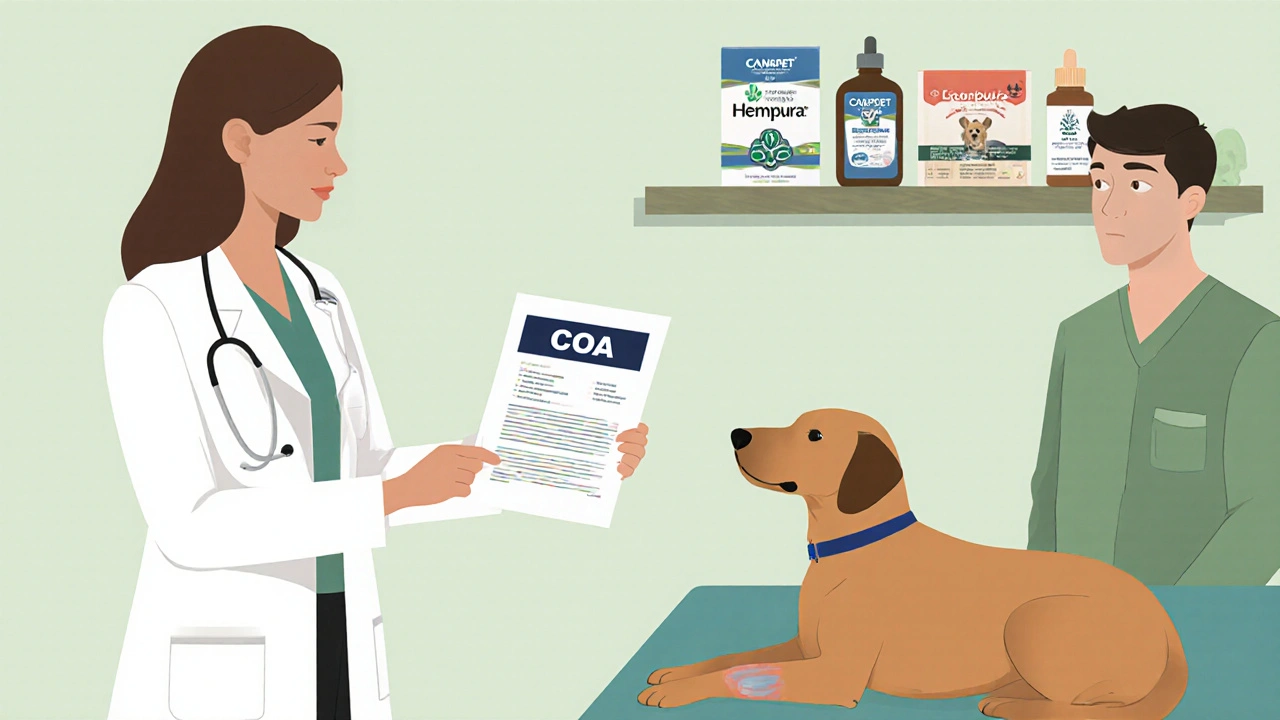 Veterinář konzultuje s majitelem o bezpečném používání CBD pro psy.