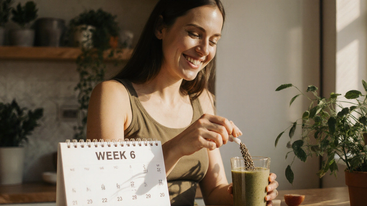 Žena přidávající semena konopí do smoothie v osvětlené kuchyni