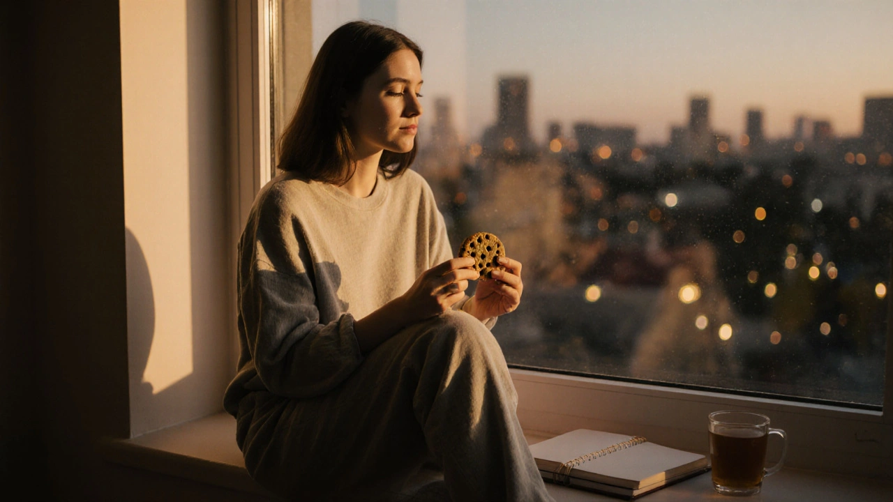 Žena v klidu na zábradlí ve večerním světle, drží CBD sušenku a pije bylinný čaj.