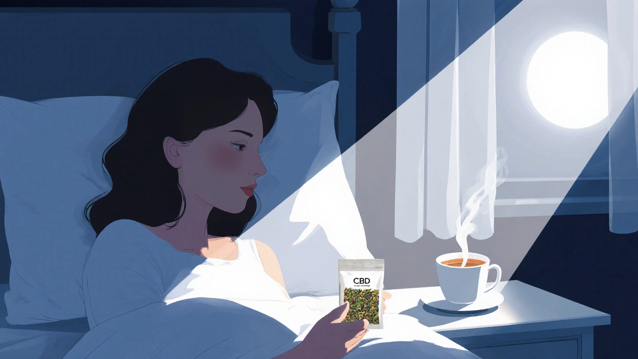 Žena v posteli s CBD květy a čajem před spaním.