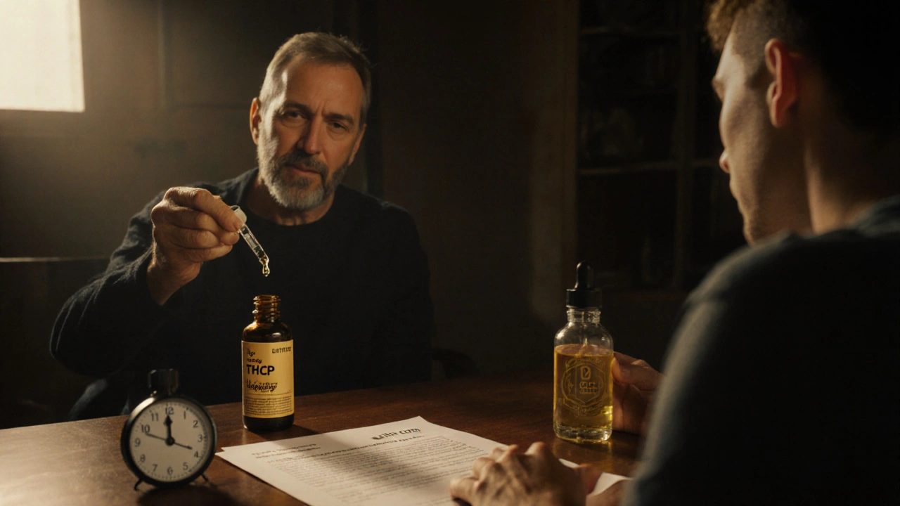 Zkušený uživatel s kapkou THCP a nezkušený uživatel s neoznačeným produktem, na stole certifikát analýzy a CBD.