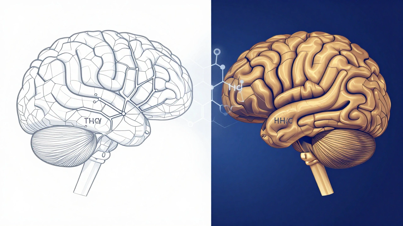 Abstraktní obrázek mozku s rozdílnými nervovými cestami pro THCV a HHC, jedna v chladných, druhá v teplých tónech.