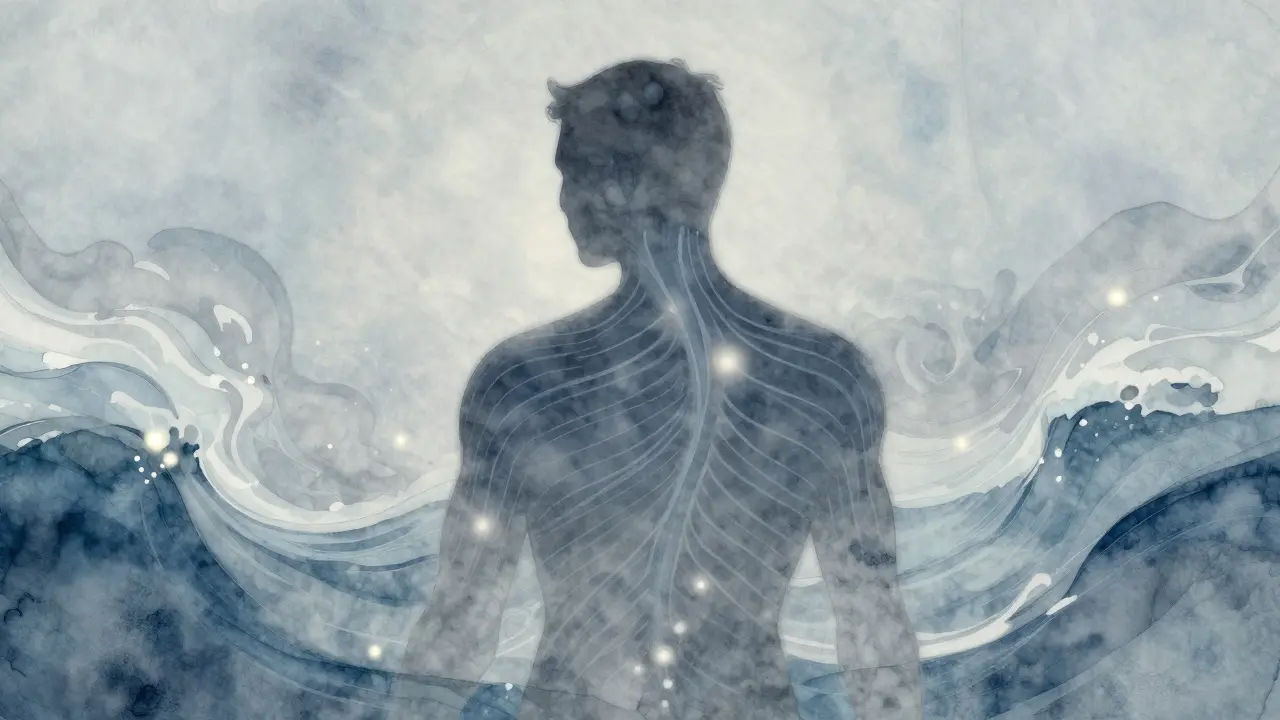 Abstraktní silueta člověka obklopená klidnými vlnami energie, symbolizujícími úlevu od bolesti a úzkosti.