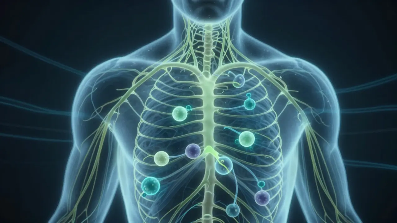 Abstraktní znázornění CBD molekul ovlivňujících nervový systém.