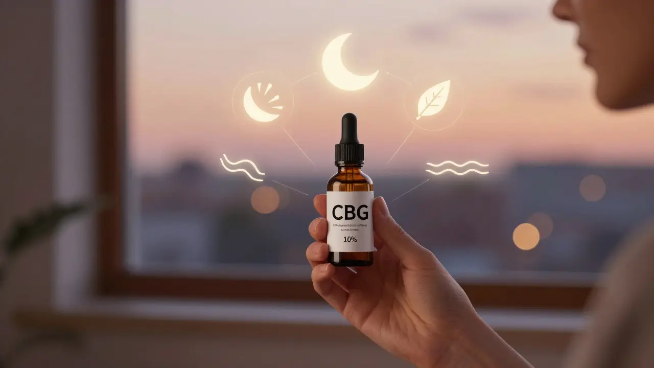 CBG olej s ikonami spánku, klidu a energie, symbolizující jeho účinky na tělo.