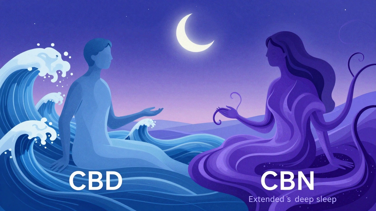 Dvě abstraktní postavy symbolizující CBD a CBN v klidném nočním krajině.