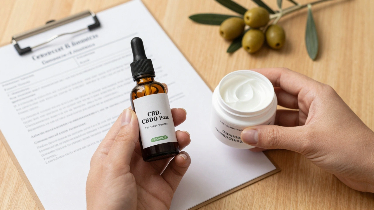 Dvě CBD produkty s certifikací a přírodními složkami na dřevěném stole.