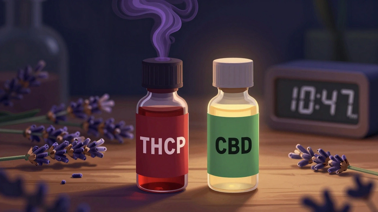 Dvě lahvičky THCP a CBD vedle sebe s bylinkami a časem na hodinách, symbolizující rozdílné účinky na spánek.