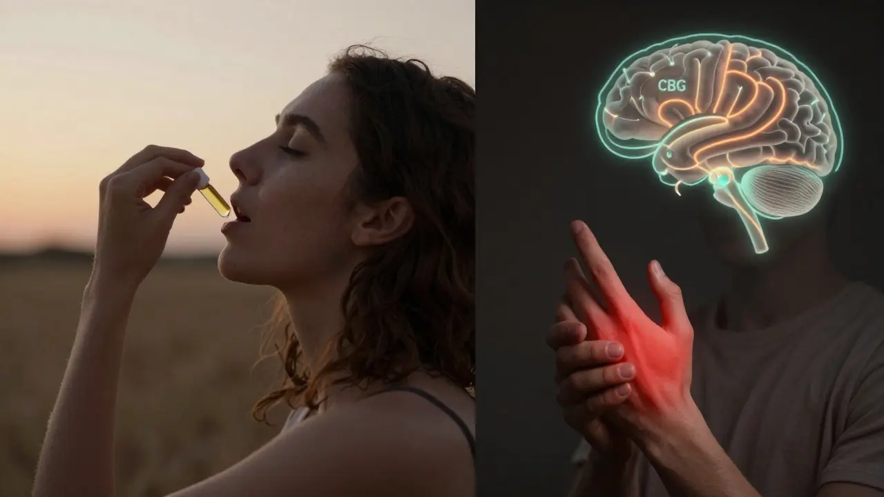 Dvoučelná scéna: CBD pod jazykem ráno a CBG na kloub večer.
