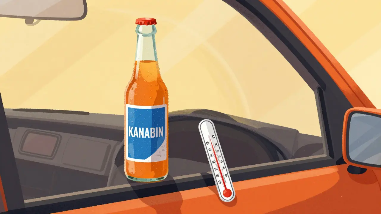Kanabinový nápoj zapomenutý v horkém autě na slunci s teploměrem ukazujícím 30 °C.