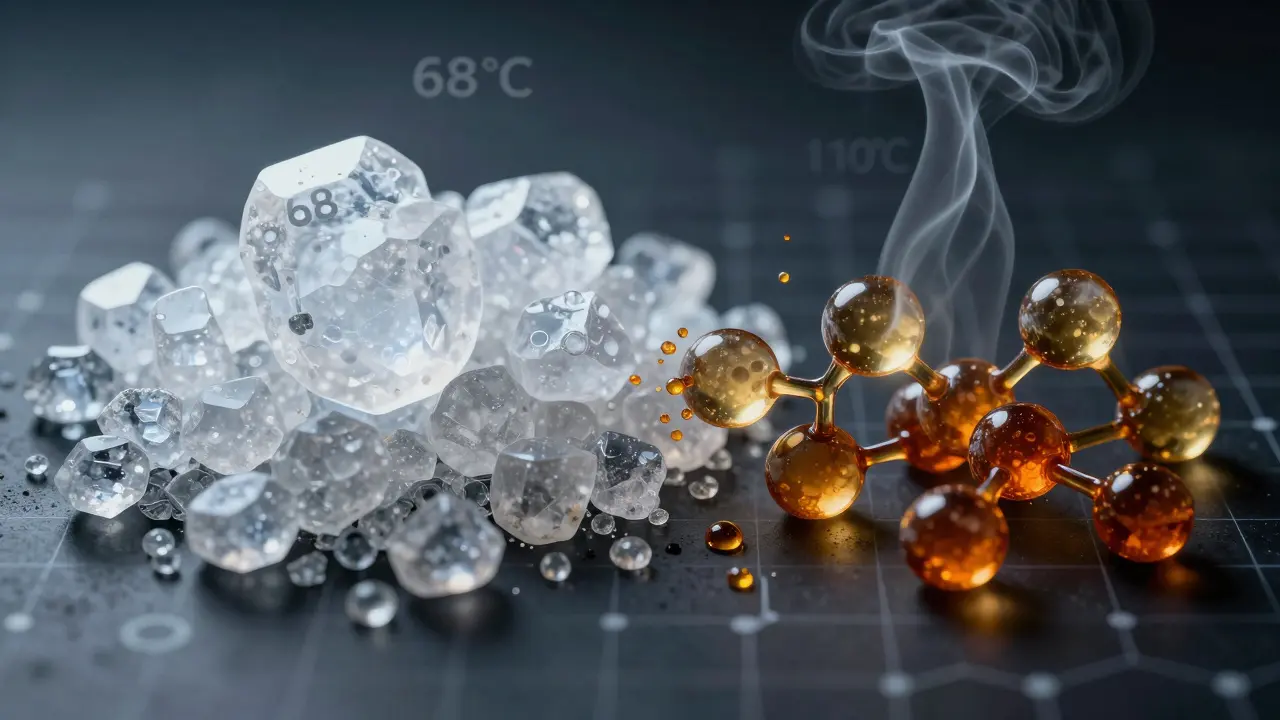 Konceptuální obraz: čisté CBD krystaly vlevo a rozkládající se CBD vpravo.