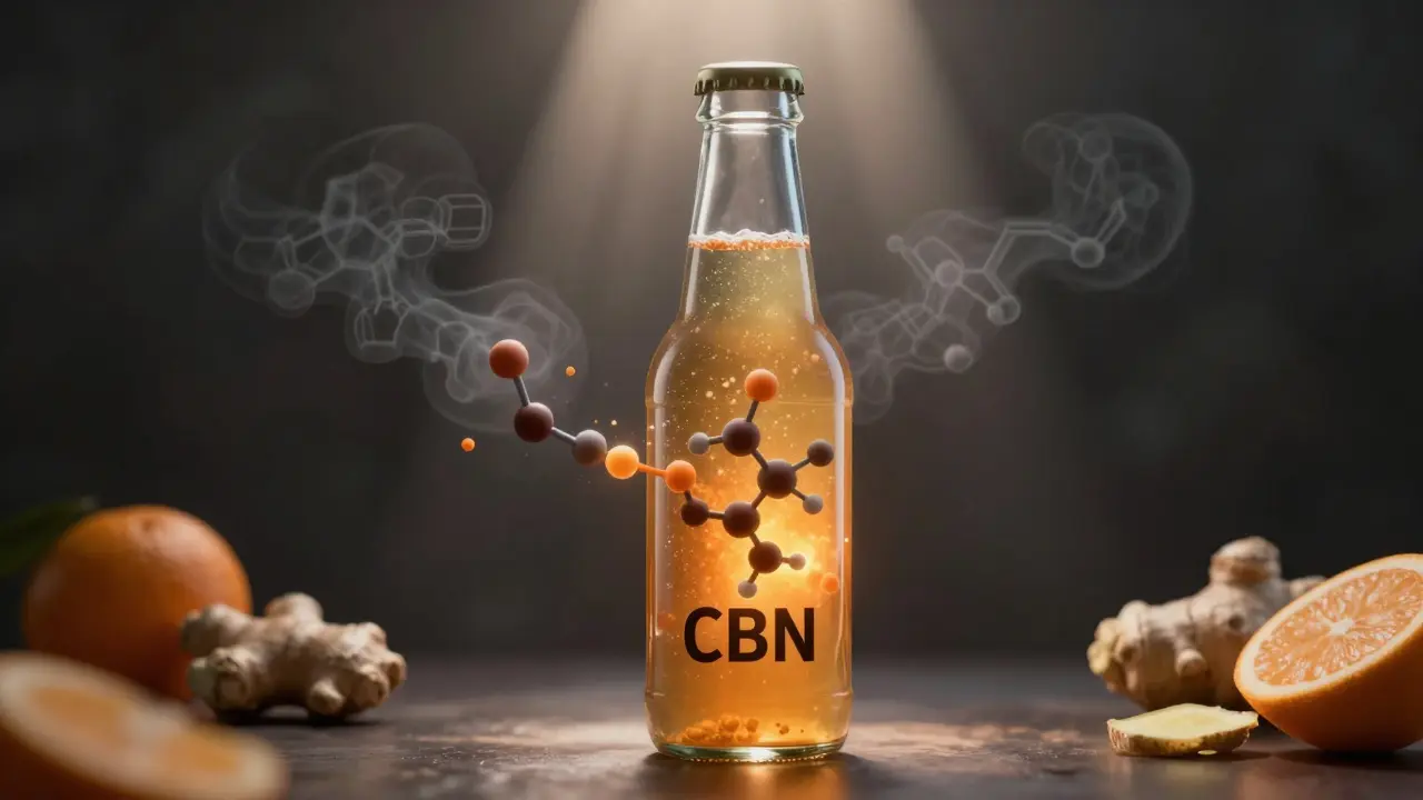 Konceptuální obrázek molekul THC měnících se v CBN uvnitř nápoje pod UV zářením.