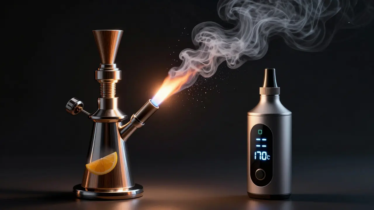 Kontrast mezi čistou parou vaporizéru a agresivním kouřem z dab rigu.