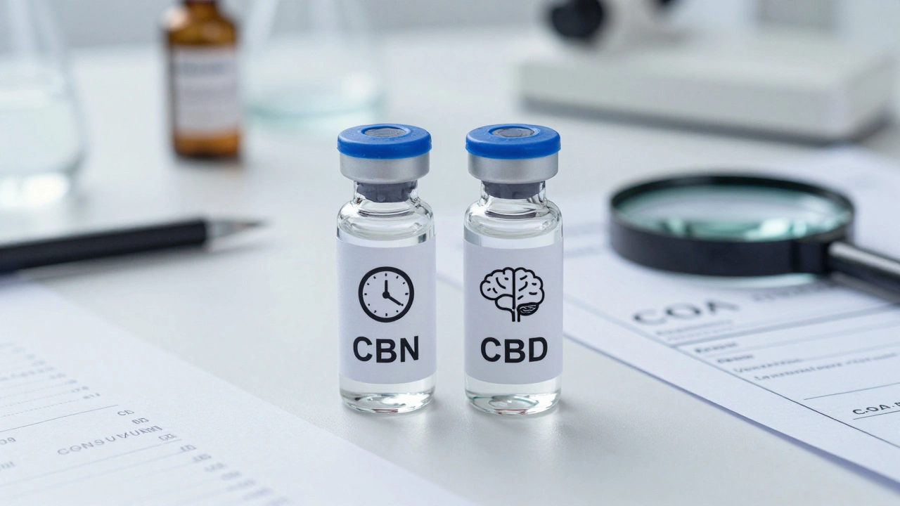 Laboratorní stůl s lahvičkami CBN a CBD a vědeckými dokumenty pod osvětlením.