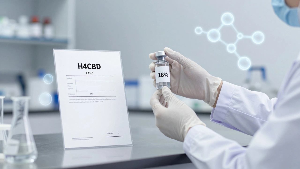 Laboratorní výzkum H4CBD s certifikací a nulovým THC, čisté a vědecké prostředí.