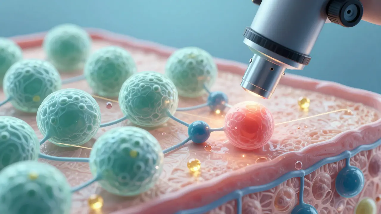 Mikroskopický pohled na CBD působící proti zánětu a chránící kolagen v kůži.