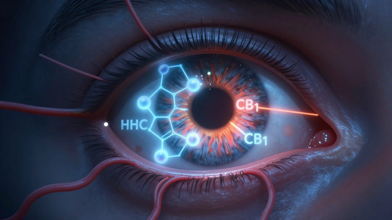 Mikroskopický pohled na oko s kanabinoidy ovlivňujícími tlak a cévy.
