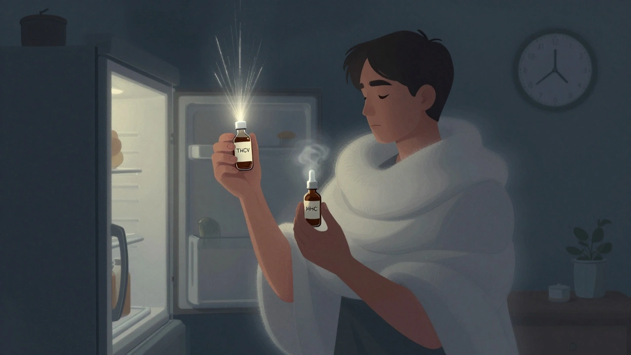 Osoba drží dvě lahvičky s THCV a HHC, jedna vydává ostré světlo, druhá jemnou mlhu, znázorňující energii a uvolnění.