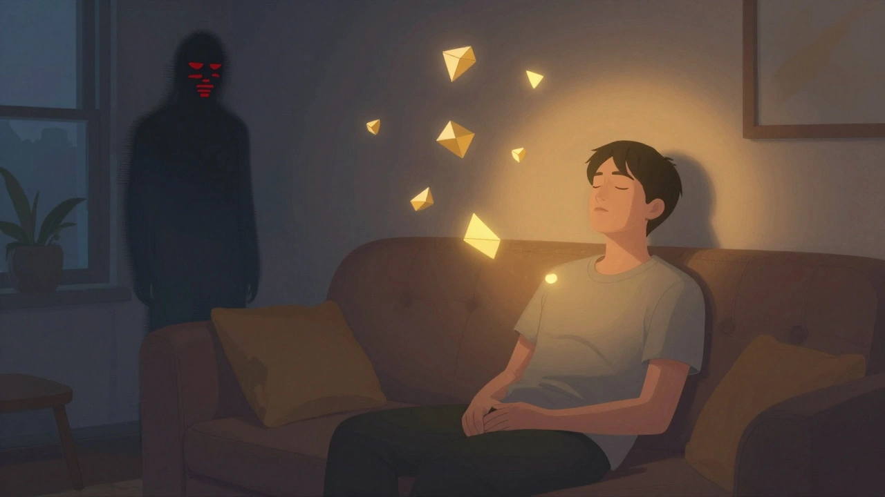 Osoba v klidu na kanapě zažívá mírný účinek HHC, zatímco v pozadí se objevuje temná silueta s příznaky delta-9-THC.