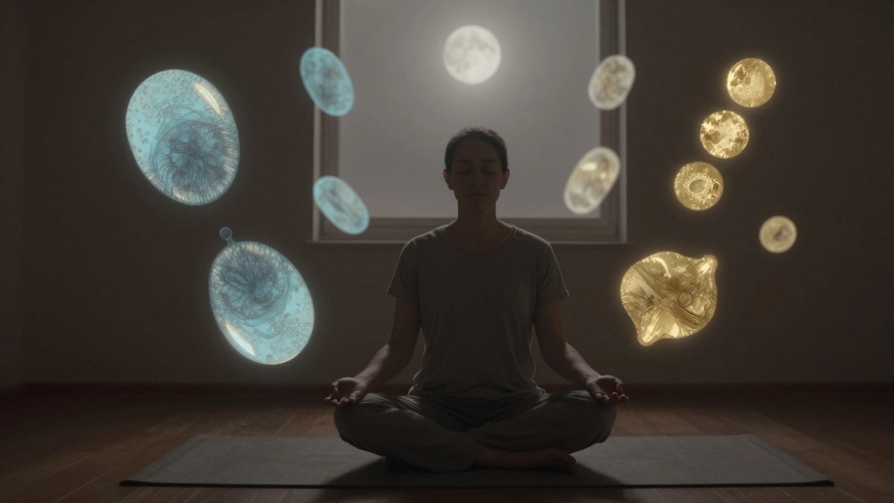 Osoba v meditační poloze v tmavé místnosti s abstraktními světelnými tvary reprezentujícími klid a uvolnění.