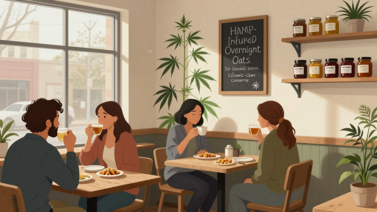 Pohled do kavárny v Portlandu s konopným čajem a medovými tyčinkami na stolku.