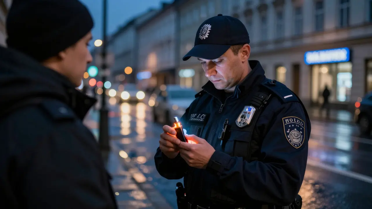 Policista kontroly vape zařízení v nočním městském prostředí.