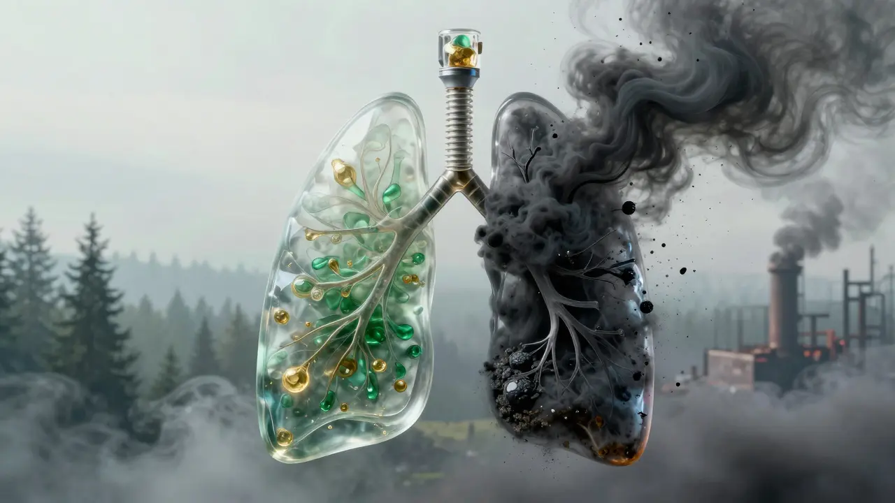Průhledná plíce s čistou parou na jedné straně a škodlivým kouřem na druhé.