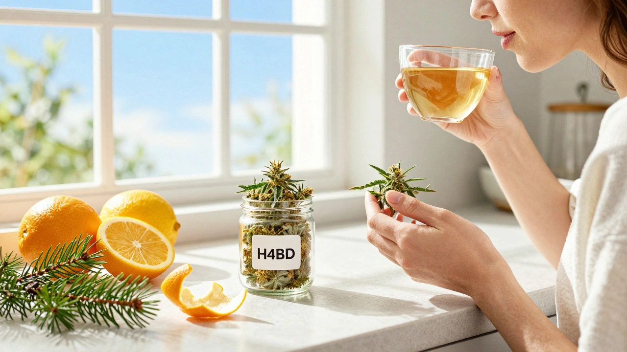 Ranní scéna s H4CBD sativa květy a citrusovými stopami, září slunce.