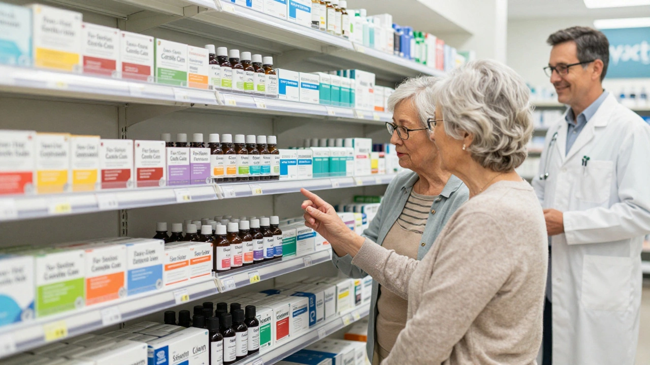 Regál v lékárně v Seattle s konopnými produkty pro starší lidi a štítky &#039;Gentle Calm&#039;.