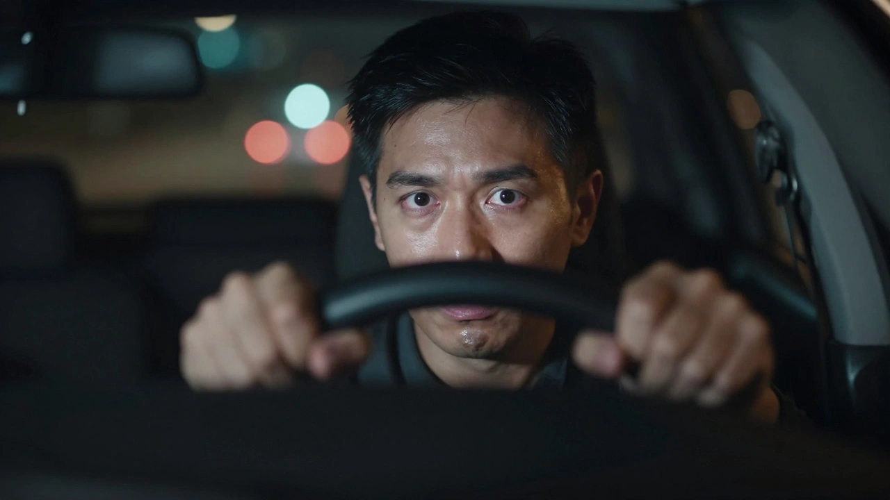 Řidič v noci s obtížemi vidět, oči napjaté a zmatené.