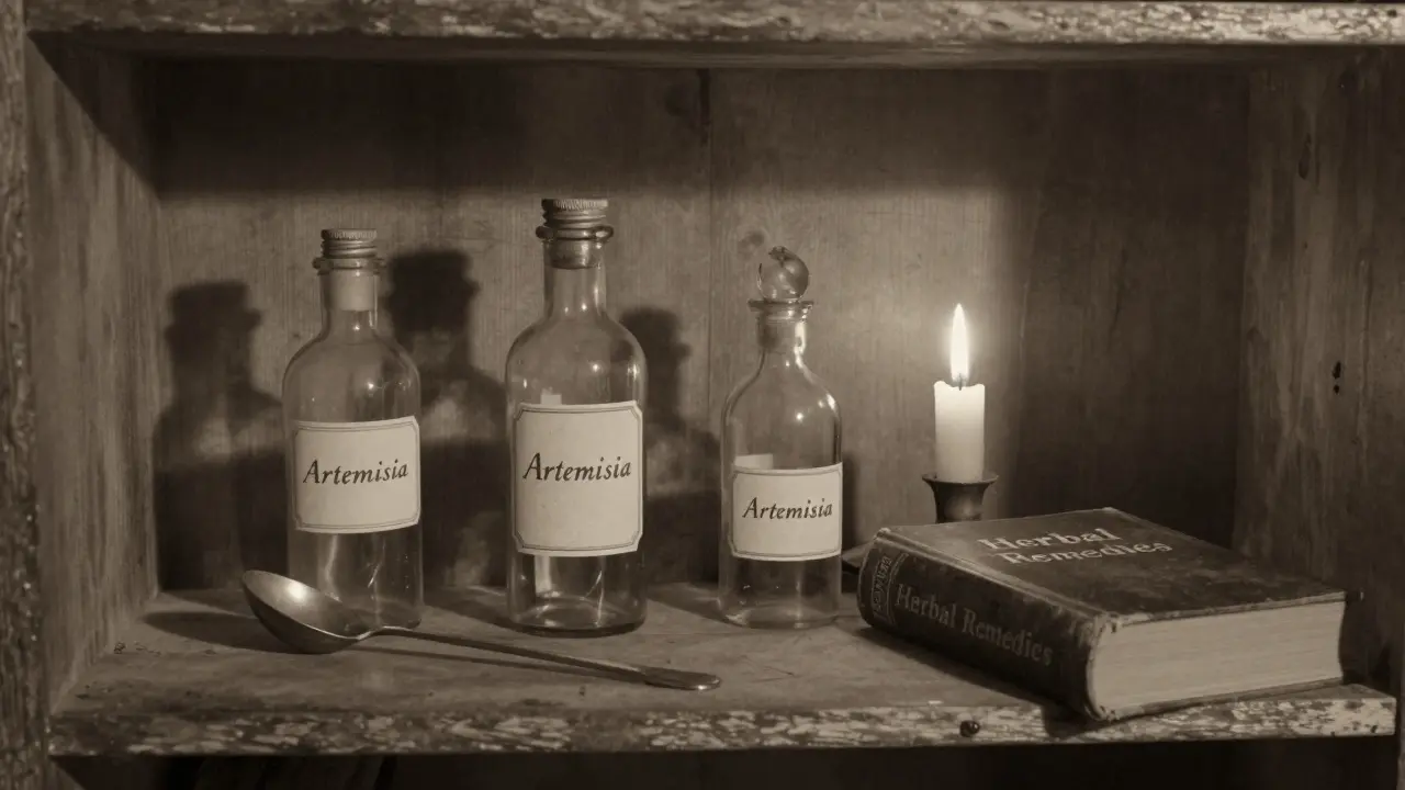 Starožitná lékárnická polička s lahvičkami, absinthe a knihou v klasickém evropském stylu.