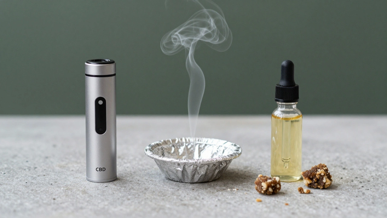 Tři alternativní zařízení pro použití CBD crumble: parabolický parní zařízení, fólie s párou a kapková lahvička.