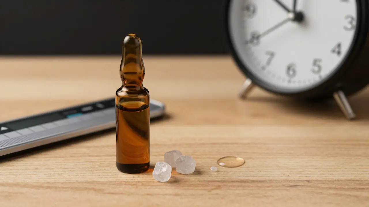 Tři CBD krystaly v tmavé skleněné nádobě vedle stupnice a kapky vody na dřevěném stole.